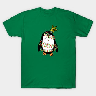 Cute Christmas Tree Lights Wrapped Penguin with a Star on his Head on a Green Backdrop, made by EndlessEmporium T-Shirt